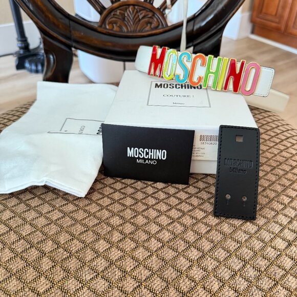 MOSCHINO MULTI-COLOR LOGO PLAQUE LEATHER BELT IN WHITE/MULTI S/M main image 3